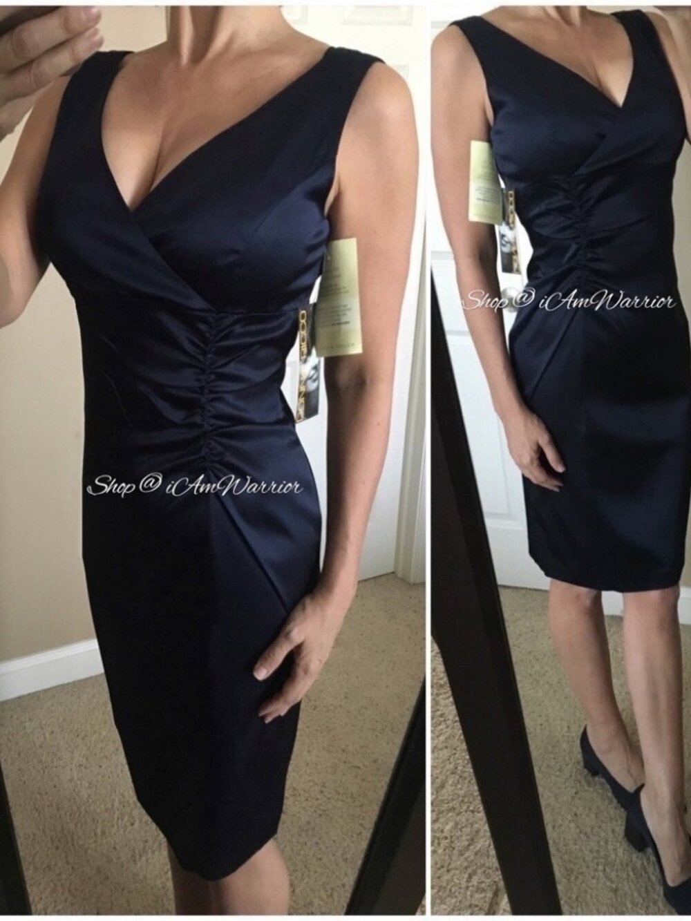 Donna Ricco NWT navy satin ruched v-neck dress *shop@iamwarrior